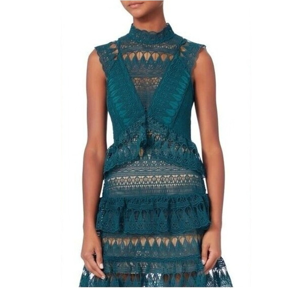 Self-Portrait Guipure Lace Mini Dress Teal Tiered Sleeveless Teardrop Sz 2 - Picture 4 of 16